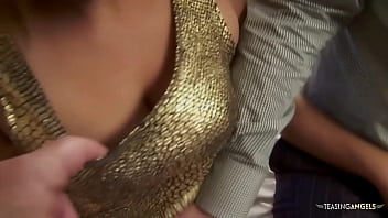 Preview 1 of Sanilion Hd Sex - Slut in golden dress moans while getting her vagina plowed