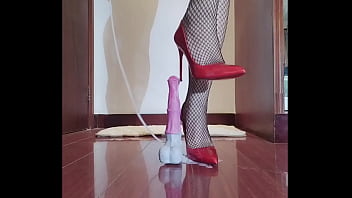Preview 2 of Xxxwwb - 【Selena Sister】Sweet shemale in fishnet stockings plays with cock and then cums inside her high heels,  spreading semen all over the floor