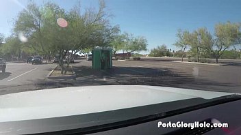 Preview 1 of Street Drunk Anal For Money - Mature blonde sucks cocks in porta potty gloryhole