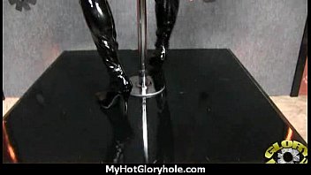 Preview 1 of Family Steps Fucking Hot - Ebony sucks off a big cock through a gloryhole 19