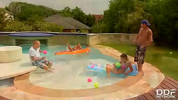 Preview 2 of Gir 15 Year - Fantastic Five - Two Babes Fucked By Three Studs At The Pool