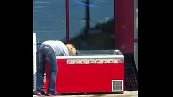 Preview 1 of 90s Lesbian Butt Play - Gas Station Employee cleaning a cooler