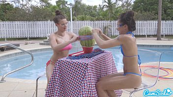 Preview 2 of Pk Sax Com - camsoda teens with big ass and big tits make a watermelon explode with rubber ba
