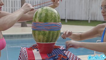 Preview 1 of Pk Sax Com - camsoda teens with big ass and big tits make a watermelon explode with rubber ba