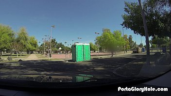 Preview 3 of Sunny Leon Solo - Porta Gloryhole Milf hones her BJ skills in public