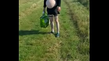 Preview 2 of Forced Electro Orgasm Male7 - gay crossdresser takes a walk in public dressed up like a girl but soon runs away when he hears two people near by