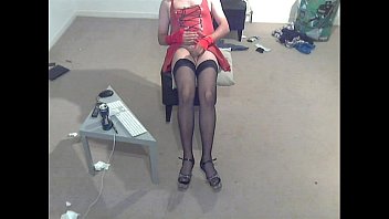 Preview 2 of Step Little - red latex dress,  stockings,  heels,  wank and cum