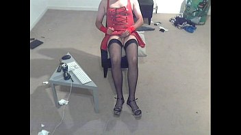 Preview 1 of Step Little - red latex dress,  stockings,  heels,  wank and cum