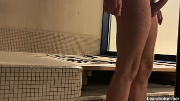 Preview 4 of Tit Toture - Risky jerk off after the sauna while a handsome man was showering