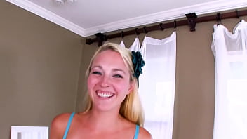 Preview 1 of Skinny Girls Boobs - ASHLEY STONE Cute Blue Eyes Blonde Big Cock POV Blowjob and Huge Load Cum Swallow