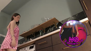 Preview 1 of Ashlyn Brooke Lesbian - No panties no bra girlfriend in the kitchen with a nightie satin pyjama