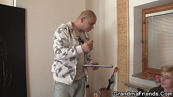 Preview 2 of Augusta Tyler - Skinny granny spreads legs for two cocks