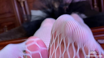 Preview 2 of Fuke Tit Boob - Goddess foot teasing in cute white fishnets on the bed