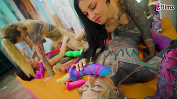 Preview 4 of 720p Hd 1080p Lick Orgasms - 4 alternative CUTE LESBIANS in crazy colorful TOY ORGY fucking each others cunts and ASS