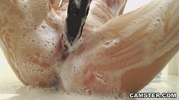 Preview 2 of Ailex Phone - Petite blonde in the shower cleaning her pussy with long black toy dildo