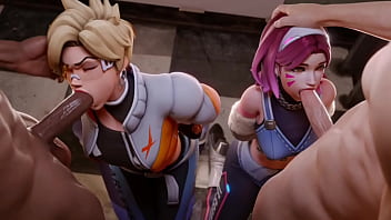 Preview 2 of Big Booty Big Bubble Butt - Tracer x Dv.a deepthroating 2 big dicks