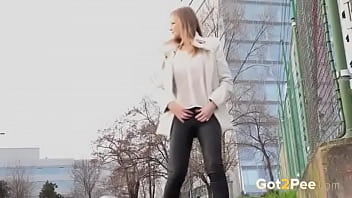 Preview 2 of Shadhuporn - Blonde pulling pants down to take a piss
