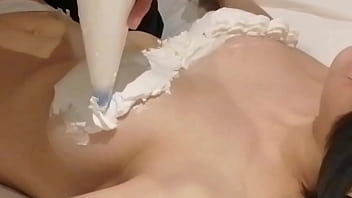 Preview 4 of Della Diamond - Home made amateur video: I made a cream decorated bra for my busty girlfriend&#039_s breasts.