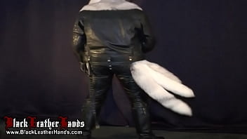 Preview 1 of Sesexy Stewardesses - BlackLeatherHands WHIT BIG DILDO AND COCK IN WHITE FUR
