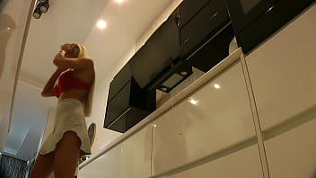 Preview 4 of Big Womens Sex Videos Com - Big Boobs Blonde Hot Housewife at Home in the Kitchen No Panties