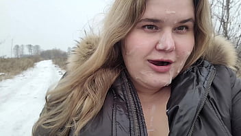 Preview 3 of Vagina Attacks - Huge facial of a cute BBW blonde with big breasts in inclement weather