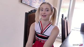 Preview 1 of Sexroid Indo - Cute Pigtails Cheerleader Teen with Braces give RImjob and get Fucked while play with Hitachi by older Guy