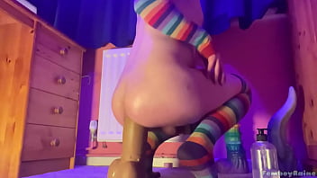 Preview 2 of Xxx Jia Bipi Video - Skinny Femboy Raine Covered in Oil and Riding a Giant Dildo - Teaser Video