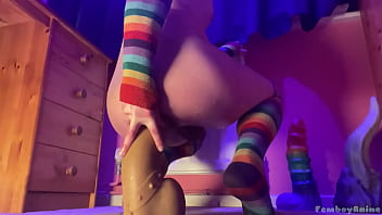 Preview 3 of Xxx Jia Bipi Video - Skinny Femboy Raine Covered in Oil and Riding a Giant Dildo - Teaser Video