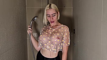 Preview 3 of Extreme Mom Orgasms - Beauty with huge tits in the shower. Transparent top coat dry wet test.