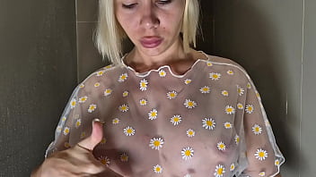 Preview 1 of Extreme Mom Orgasms - Beauty with huge tits in the shower. Transparent top coat dry wet test.