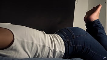 Preview 1 of Www Bf Video Hd Com - Made for foot fetish lovers,  sexy bug bunny pose with tight blue jeans and balls massage with feets