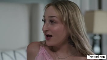 Preview 1 of Fair Xxnx - Shemale blonde rides and sucks friends hard dick