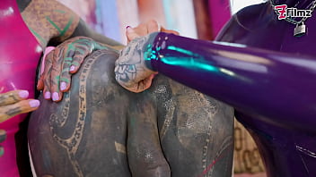 Preview 2 of Beach Peep - Can She Take Two Fists - Sissy getting fisted by two chicks in LATEX