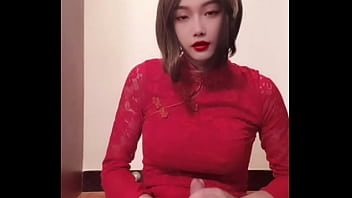 Preview 2 of Kendra James Redhead Futanari - Selena Sister - Shemale wearing cheongsam masturbates and cums on stockings