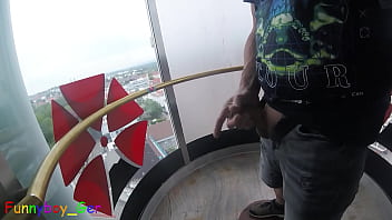Preview 2 of Espiando Los Calzones Demi Mama - I jerk my cock very riskily in a public,  transparent outdoor elevator on the 13th floor. (S)