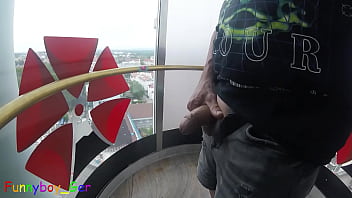 Preview 1 of Espiando Los Calzones Demi Mama - I jerk my cock very riskily in a public,  transparent outdoor elevator on the 13th floor. (S)
