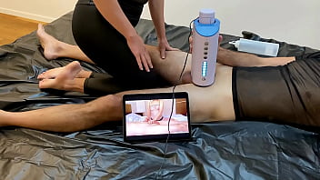 Preview 1 of Mom Jourppet - Girlfrieng with big boobs milking her boyfriend with a blow machine