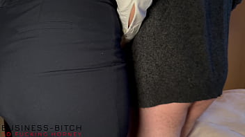 Preview 1 of La Patronne De La Pizzeria - secretary in pencil skirt,  stockings and white blouse sex meeting on a table - ends with cum on skirt