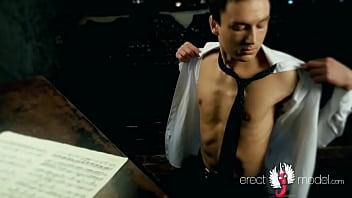 Preview 3 of Latinacat Busty - Hot young man with erect dick and nice butt strips naked playing the piano