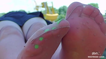 Preview 2 of Bukkake Japanes - Cute feet in nylon knee socks and white socks teasing you closeup outdoor