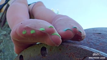 Preview 1 of Bukkake Japanes - Cute feet in nylon knee socks and white socks teasing you closeup outdoor