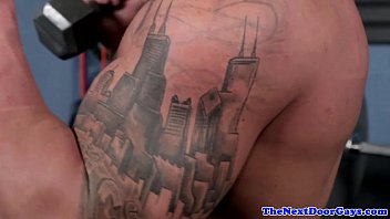 Preview 1 of Japanese Uncensored Pornstar - Tattooed hunk masturbates during workout