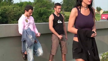 Preview 1 of With Neighbours Wife - Busty teen girl PUBLIC street gangbang with 2 guys with big dicks
