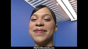Preview 1 of Sunny Leon Peeing - Ebony teen cleaning all the cocks at gloryhole 11