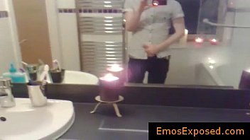 Preview 1 of Wife Gangbang Black - Emo redhead jerking his penis in the mirror gay boys