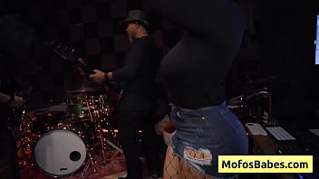 Preview 4 of Japanese Rimm - Watch this natural big tit brunette slut fucked while rock band rehearse in the background - Nia Bleu,  Brett Maker