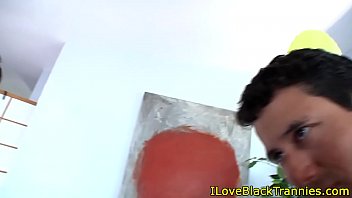 Preview 2 of Latina Moms Spicy - Ebony shemale closeup in stockings getting bj