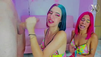 Preview 2 of Hours Fucking Lady - two beautiful girls with colorful hair fuck his throat