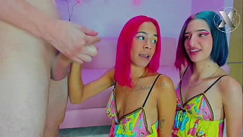 Preview 3 of Hours Fucking Lady - two beautiful girls with colorful hair fuck his throat