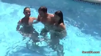Preview 1 of Kajol Tamil Xx - Pool Boy Fuck two Young Skinny Teen with Condom and Cum in Mouth